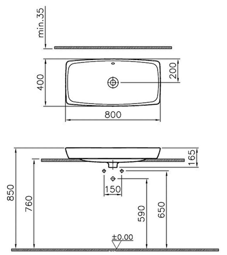 VITRA METROPOLE umyvadlo 80 cm, s přepadem, VitrAhygiene 5669B003-0012 Technický nákres