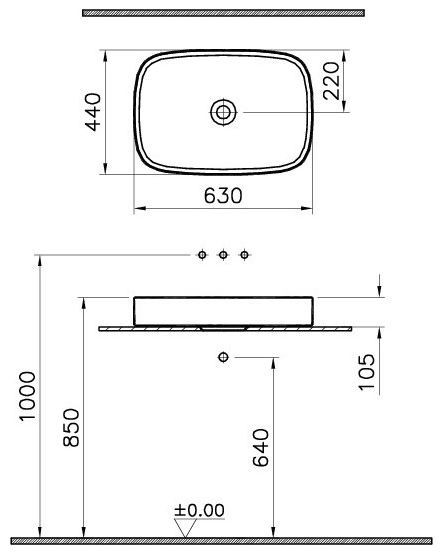 VITRA MEMORIA INFINIT umyvadlo na desku 63 cm, bez přepadu M58000003000 Technický nákres