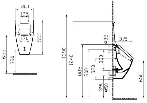CONCEPT 100 PURE STYLE pisoár, zadní přívod vody, alpská bílá 5218B003-0199 Technický nákres