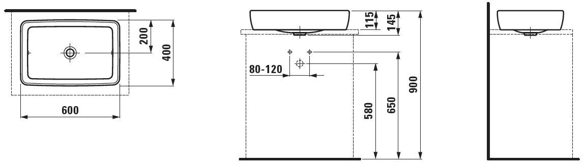LAUFEN PRO S umyvadlo na desku 60 cm, bez přepadu H8169520001121 Technický nákres