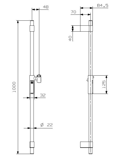 CONCEPT 200 BLACK sprchová tyč 1000 mm s držákem ruční sprchy, černá PM02009/MB Technický nákres