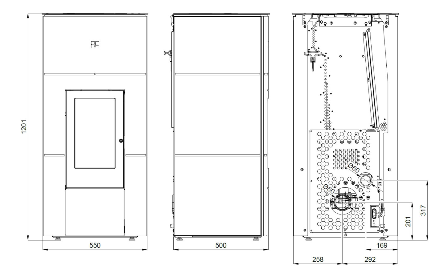 HAAS+SOHN HSP 6 RUEDA PGI peletová kamna 2,4-8,3 kW, s WLAN modulem, antracit/černé lišty 0546532810000 Technický nákres