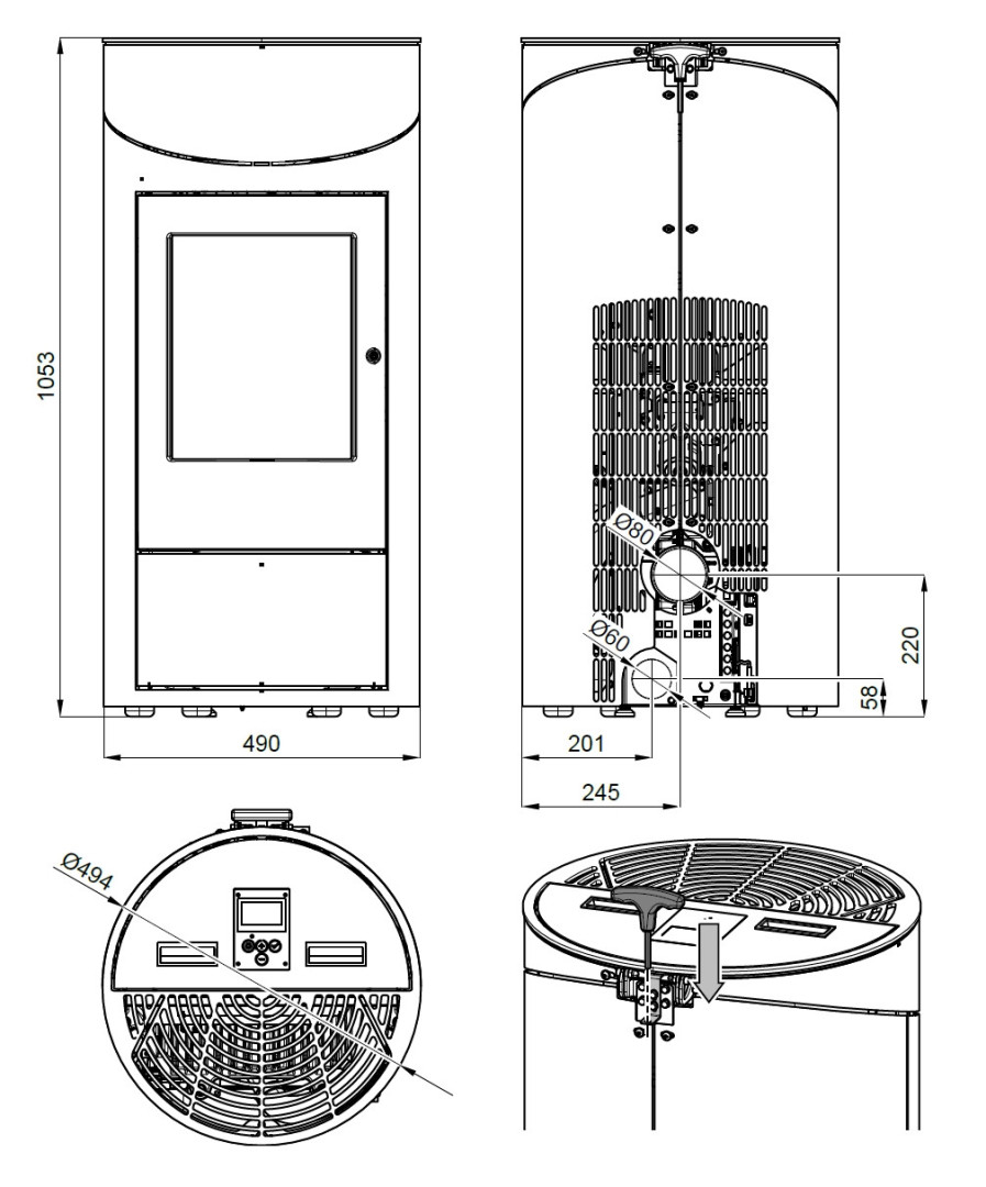 HAAS+SOHN HSP 7 II peletová kamna 2,4-8,2 kW, s WLAN modulem, černá 0545008580000 Technický nákres