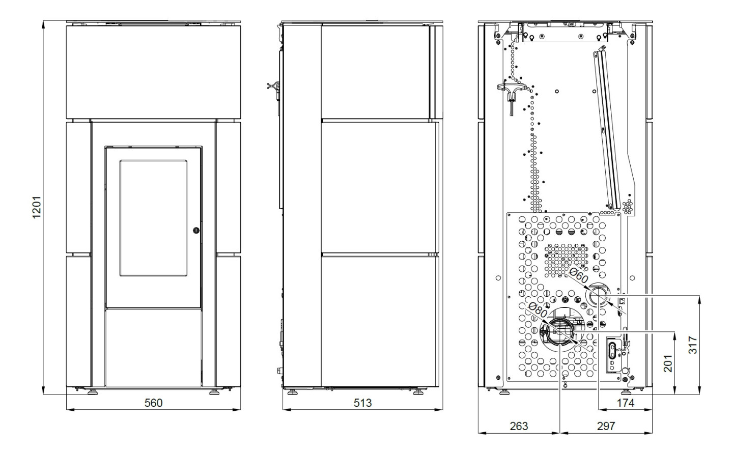 HAAS+SOHN HSP 6 RUEDA C PGI peletová kamna 2,4-8,3 kW, s WLAN modulem, bílá 0546532760000 Technický nákres