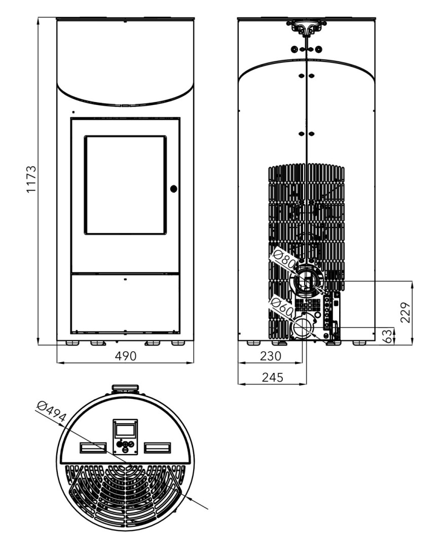 HAAS+SOHN HSP 7 II GRANDE RLU peletová kamna 2,4-8,2 kW, s WLAN modulem, šedá 0545108500000 Technický nákres