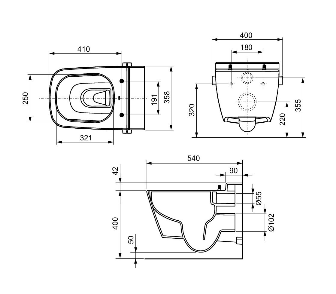 TECE ONE sprchovací WC, Rimless 9700200 Technický nákres