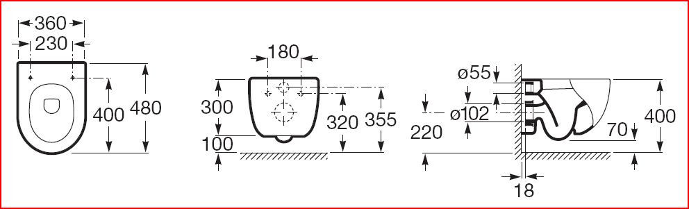 ROCA MERIDIAN COMPACT závěsné WC A346248000 Technický nákres