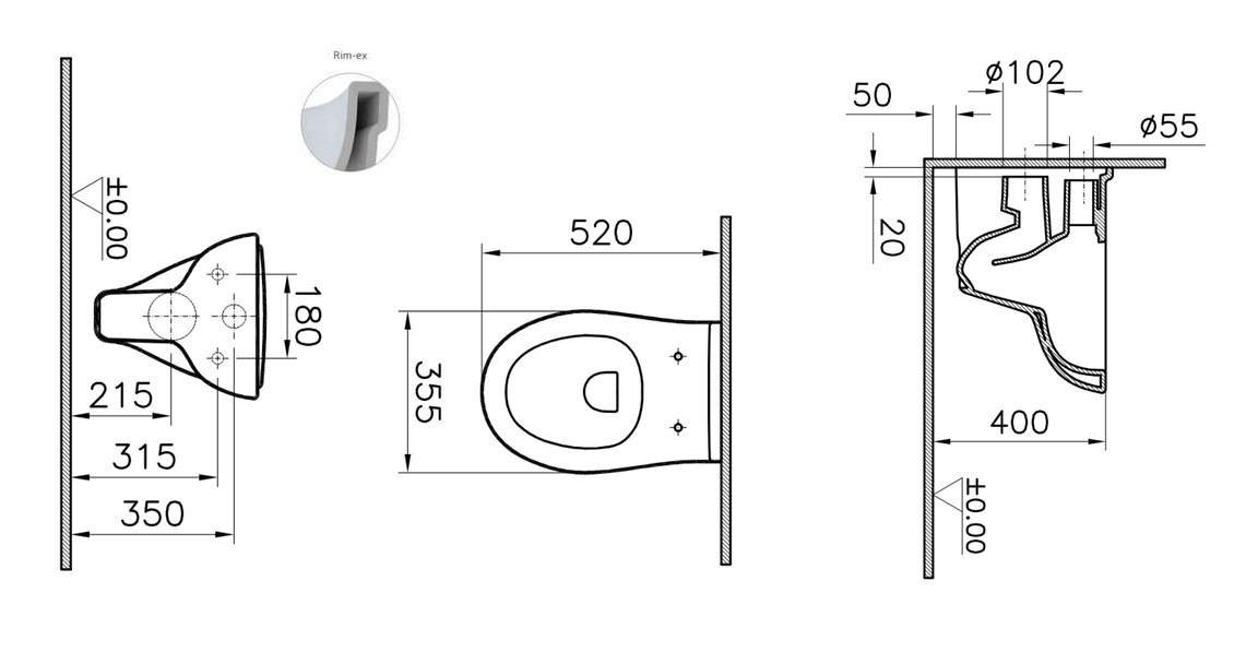 CONCEPT 100 závěsné WC, Rim-Ex splachování, alpská bílá 7741N003-1428 Technický nákres
