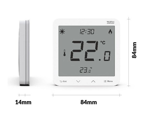 TECH CONTROLLERS EU-R10S PLUS prostorový termostat, drátový, bílá WG.11.0184 Technický nákres