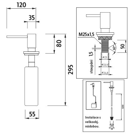NIMCO 31V dávkovač tekutého mýdla, vestavný, chrom UN 6031V-26 Technický nákres