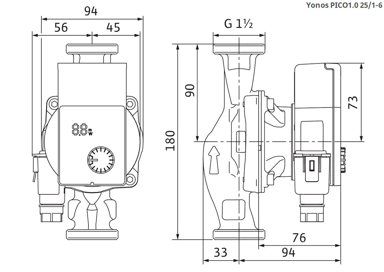 WILO YONOS PICO1.0 25/1-6 oběhové čerpadlo 3,5 m3/h, 180 mm 4248084 Technický nákres