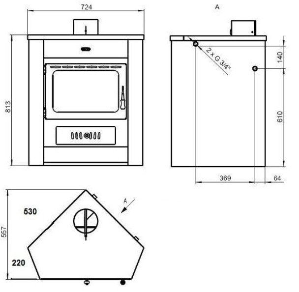 PRITY AM W12 krbová kamna 13,3kW rohová, s výměníkem, ocel, černá PRITY AM W12 Technický nákres