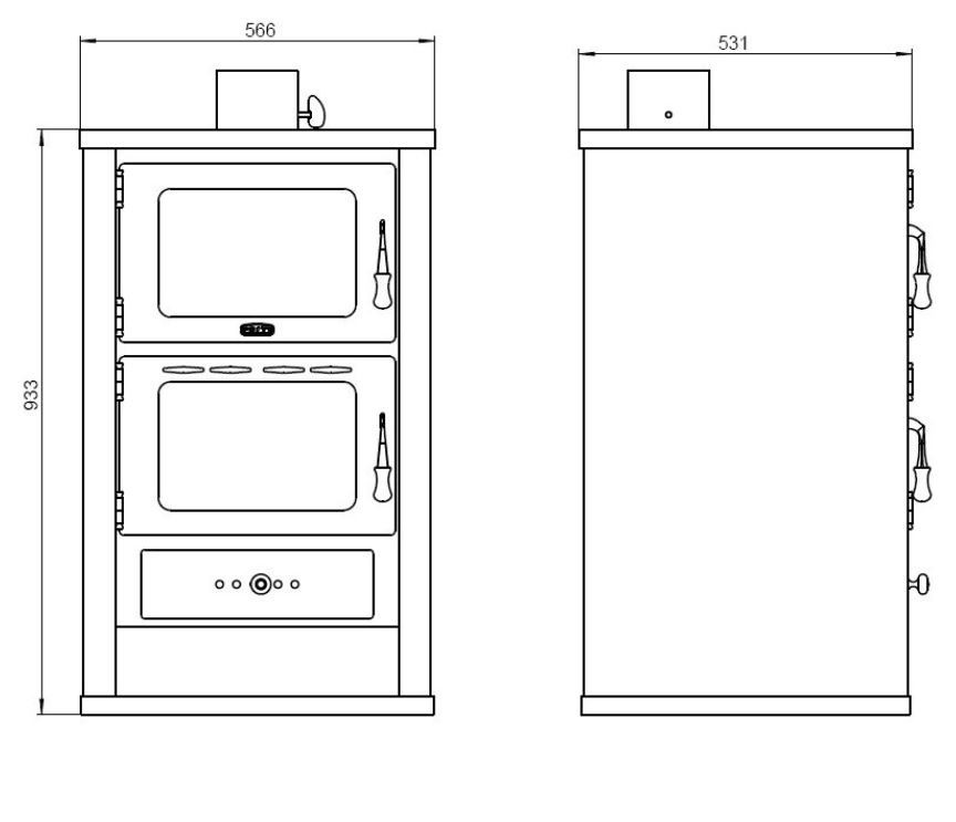 PRITY FG krbová kamna 14,2kW, s troubou, černá PRITY FG Technický nákres