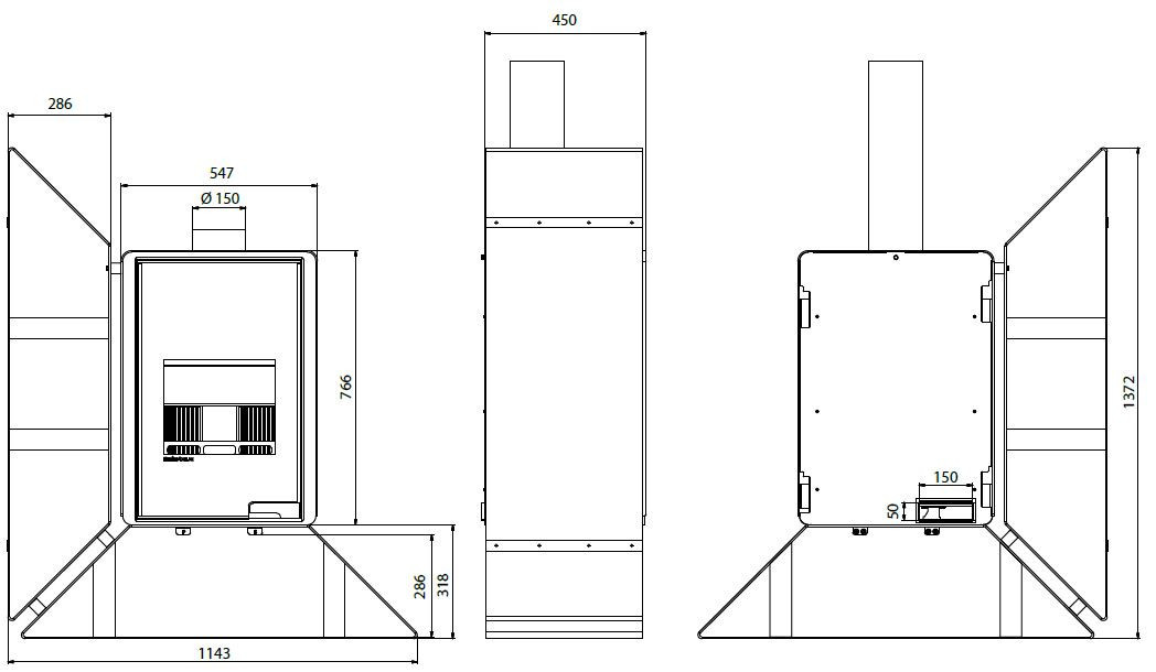 HS FLAMINGO DELUXE KAMPA krbová kamna 9kW, levá, černá HSF42-007 Technický nákres
