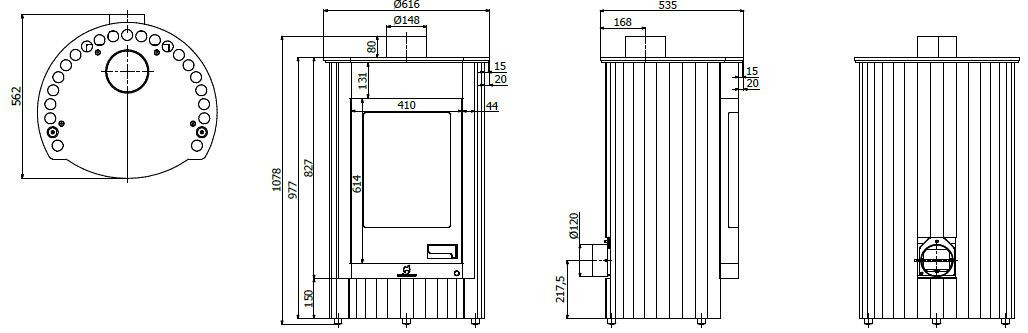 HS FLAMINGO MASTERFLAMME MEDIE I krbová kamna 12kW, šedá HSF41-027 Technický nákres