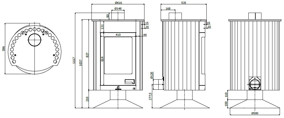 HS FLAMINGO MASTERFLAMME MEDIE II krbová kamna 12kW, olivová HSF41-010 Technický nákres