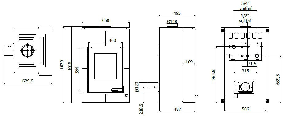 HS FLAMINGO AQUAFLAM VARIO SAPORO krbová kamna 11/7kW, s výměníkem, elektronická regulace, olivová HSF34-087 Technický nákres