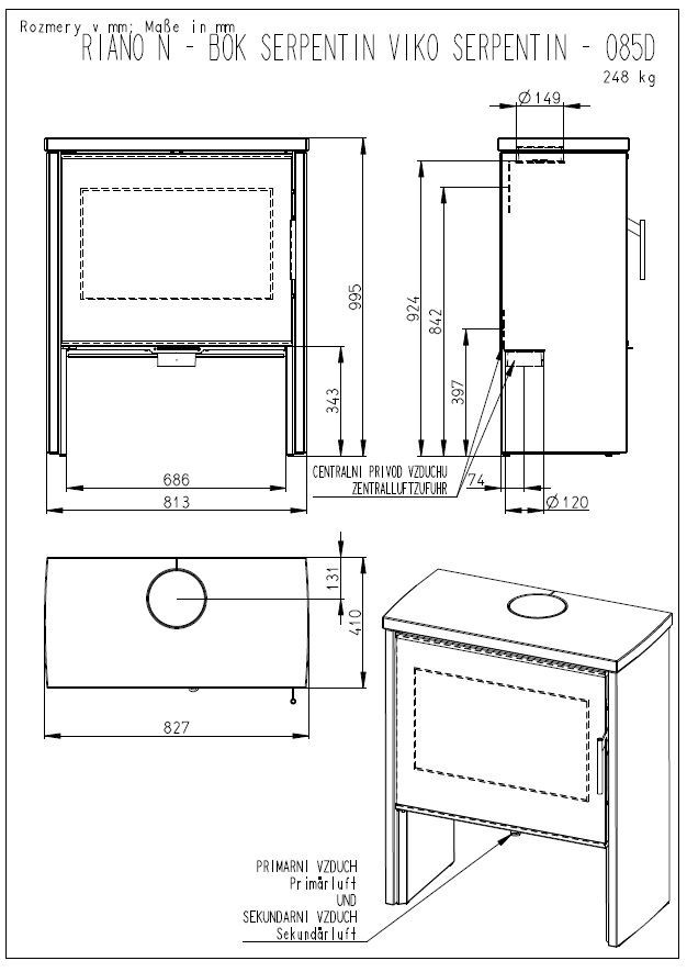 ROMOTOP RIANO N03 krbová kamna 3-7,8kW, černá/serpentin RIAXD 20 Technický nákres