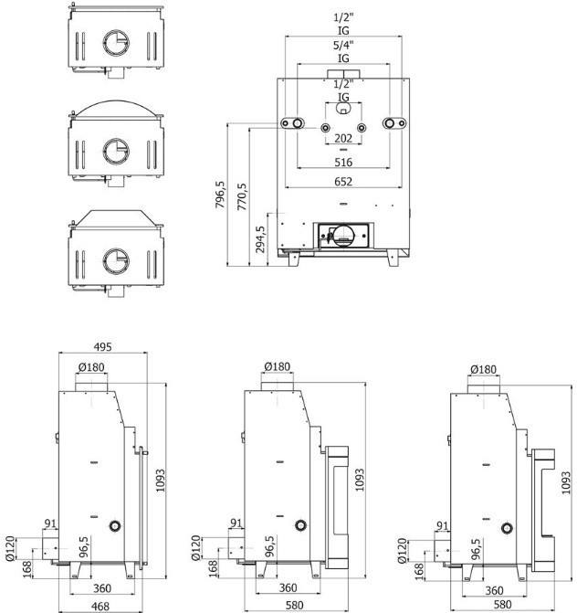 HS FLAMINGO AQUAFLAM PANORAMA 25 krbová vložka 25kW, s výměníkem, manuální regulace, černá HSF23-045 Technický nákres