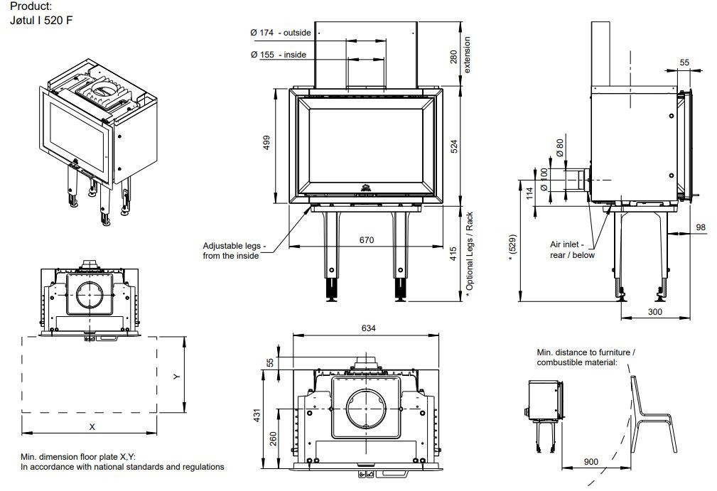 JOTUL I 520 F krbová vložka 7kW, černá 30044743 Technický nákres