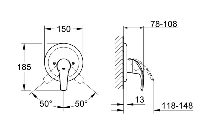 GROHE EUROSMART sprchová podomítková baterie, chrom 19451001 Technický nákres