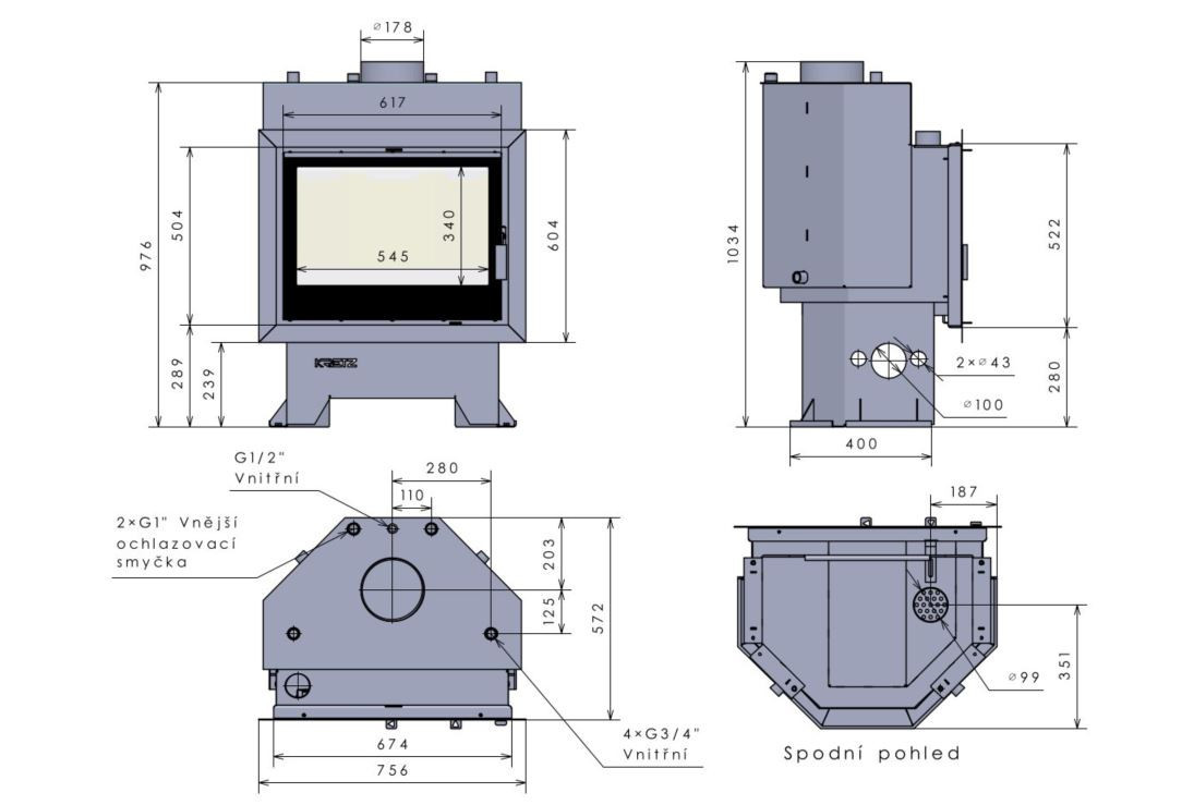 KRETZ Z 103 VS krbová vložka 13,8 kW, s výměníkem, dvojité sklo, černá 1220 Technický nákres