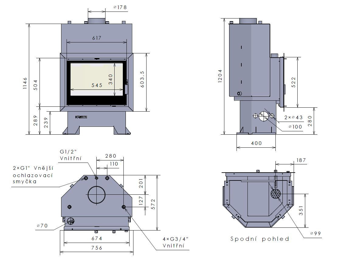 KRETZ Z 1103 VS krbová vložka 26 kW, s výměníkem, dvojité sklo, černá 1226 Technický nákres