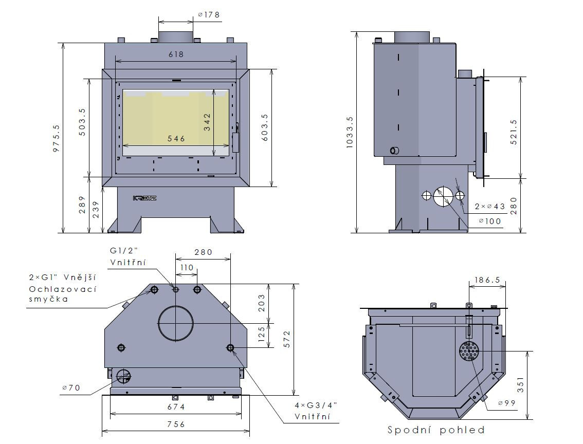 KRETZ Z 103 V krbová vložka 13,8 kW, s výměníkem, černá 1219 Technický nákres