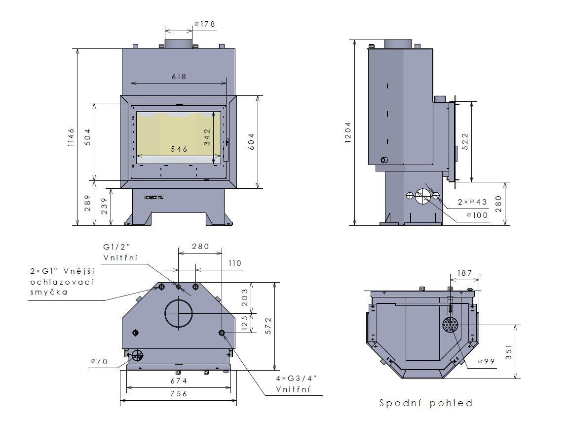 KRETZ Z 1103 V krbová vložka 26 kW, s výměníkem, černá 1225 Technický nákres