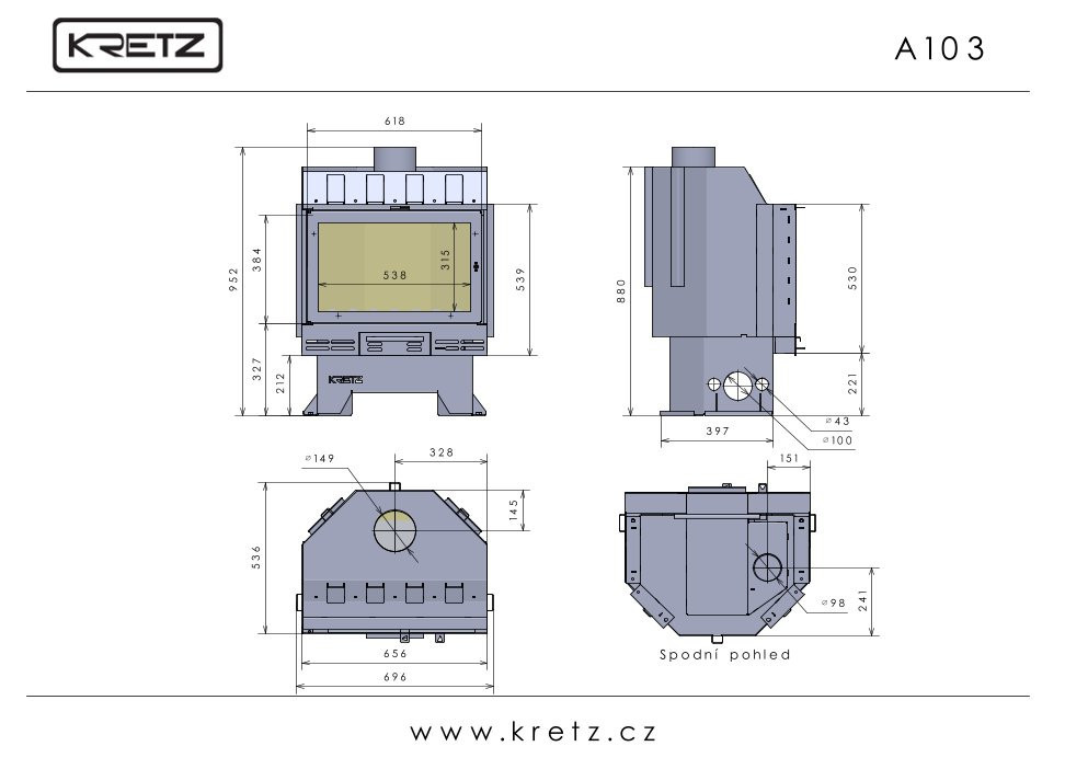 KRETZ A 103 krbová vložka 14 kW, černá 1102 Technický nákres