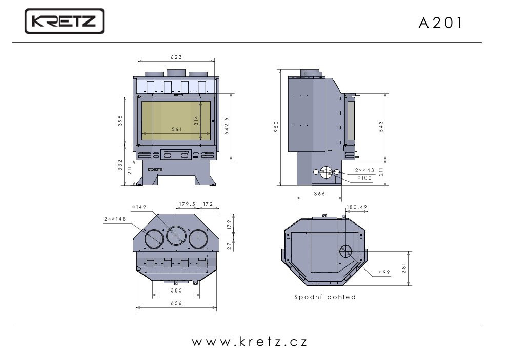 KRETZ A 201 krbová vložka 14 kW, černá 1106 Technický nákres