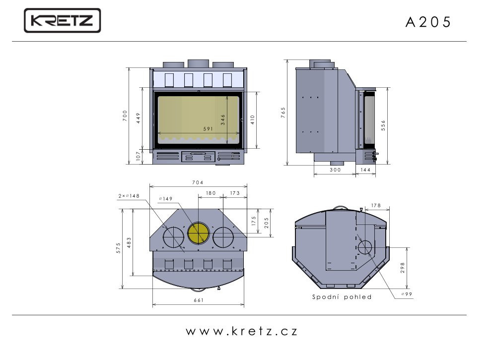 KRETZ A 205 krbová vložka 14 kW, černá 1110 Technický nákres