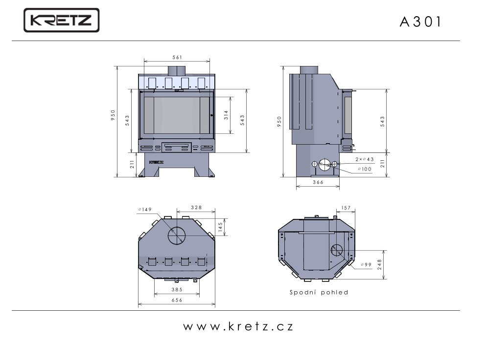 KRETZ A 301 krbová vložka 14 kW, černá 1113 Technický nákres