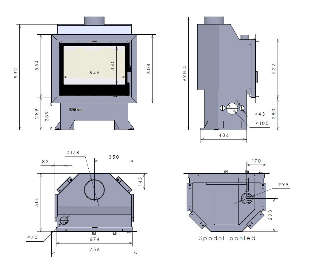 KRETZ Z 103 S krbová vložka 9,5 kW, dvojité sklo, černá 1177 Technický nákres