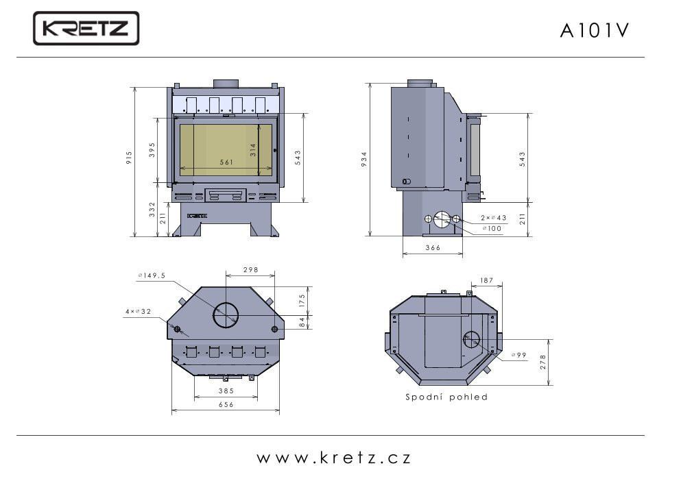 KRETZ A 101 V krbová vložka 16 kW, s výměníkem, černá 1181 Technický nákres