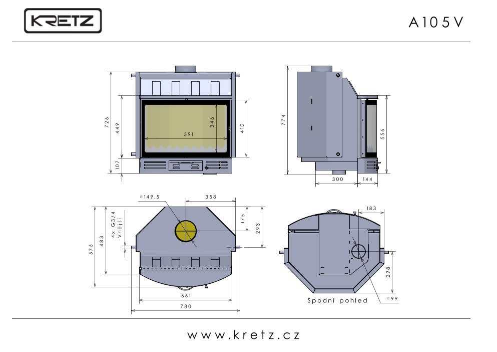 KRETZ A 105 V krbová vložka 16 kW, s výměníkem, černá 1183 Technický nákres