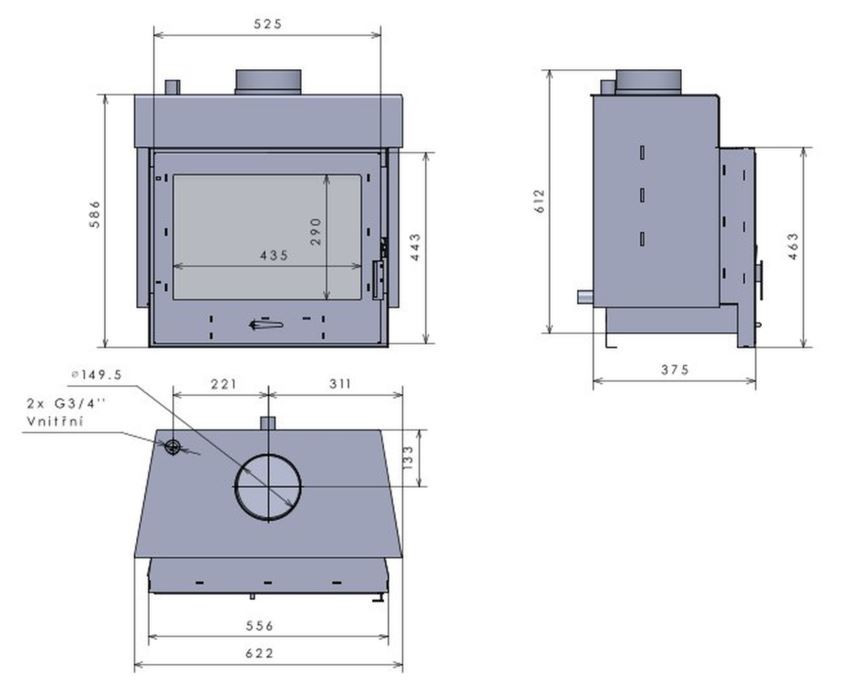 KRETZ Z 93 V krbová vložka 8,5 kW, s výměníkem, černá 1217 Technický nákres