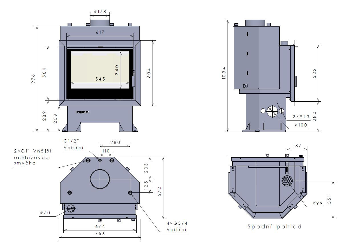 KRETZ Z 303 VS krbová vložka 13,8 kW, s výměníkem, dvojité sklo, černá 1223 Technický nákres