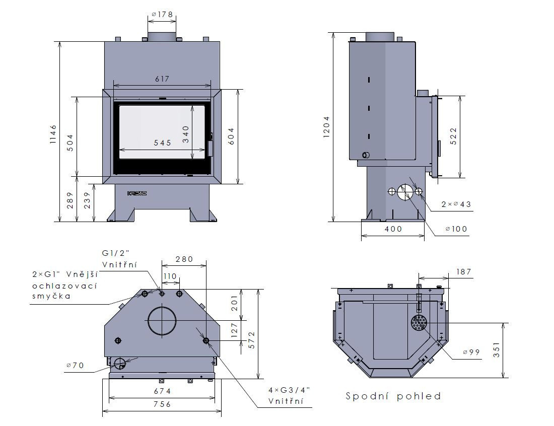 KRETZ Z 1303 VS krbová vložka 26 kW, s výměníkem, dvojité sklo, černá 1231 Technický nákres