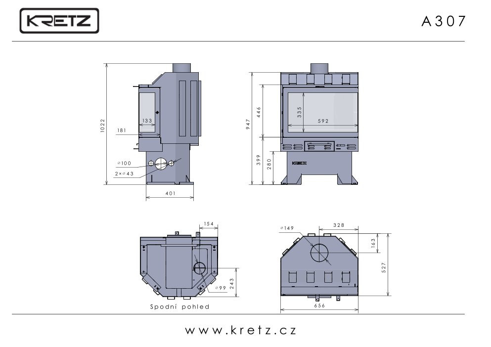 KRETZ A 307 krbová vložka 14 kW, rohová, pravá, černá 1116 Technický nákres