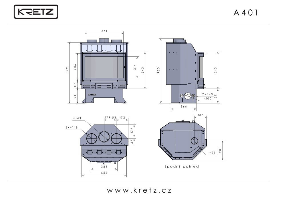 KRETZ A 401 krbová vložka 14 kW, černá 1118 Technický nákres