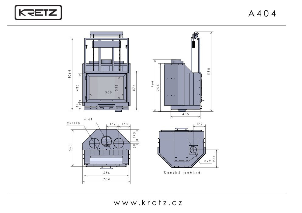 KRETZ A 404 krbová vložka 14 kW, černá 1121 Technický nákres