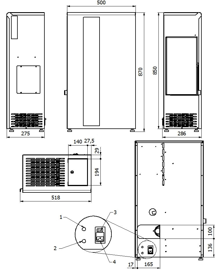 ALFA PLAM GRAZIA peletová kamna 7,4 kW, černá GRAZIA Technický nákres