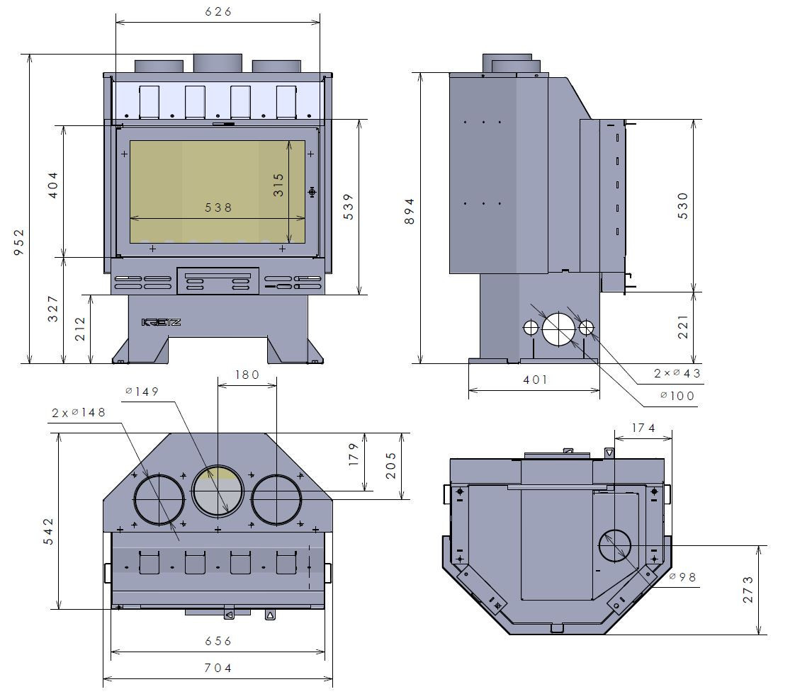 KRETZ A 203 krbová vložka 14kW, černá 1108 Technický nákres