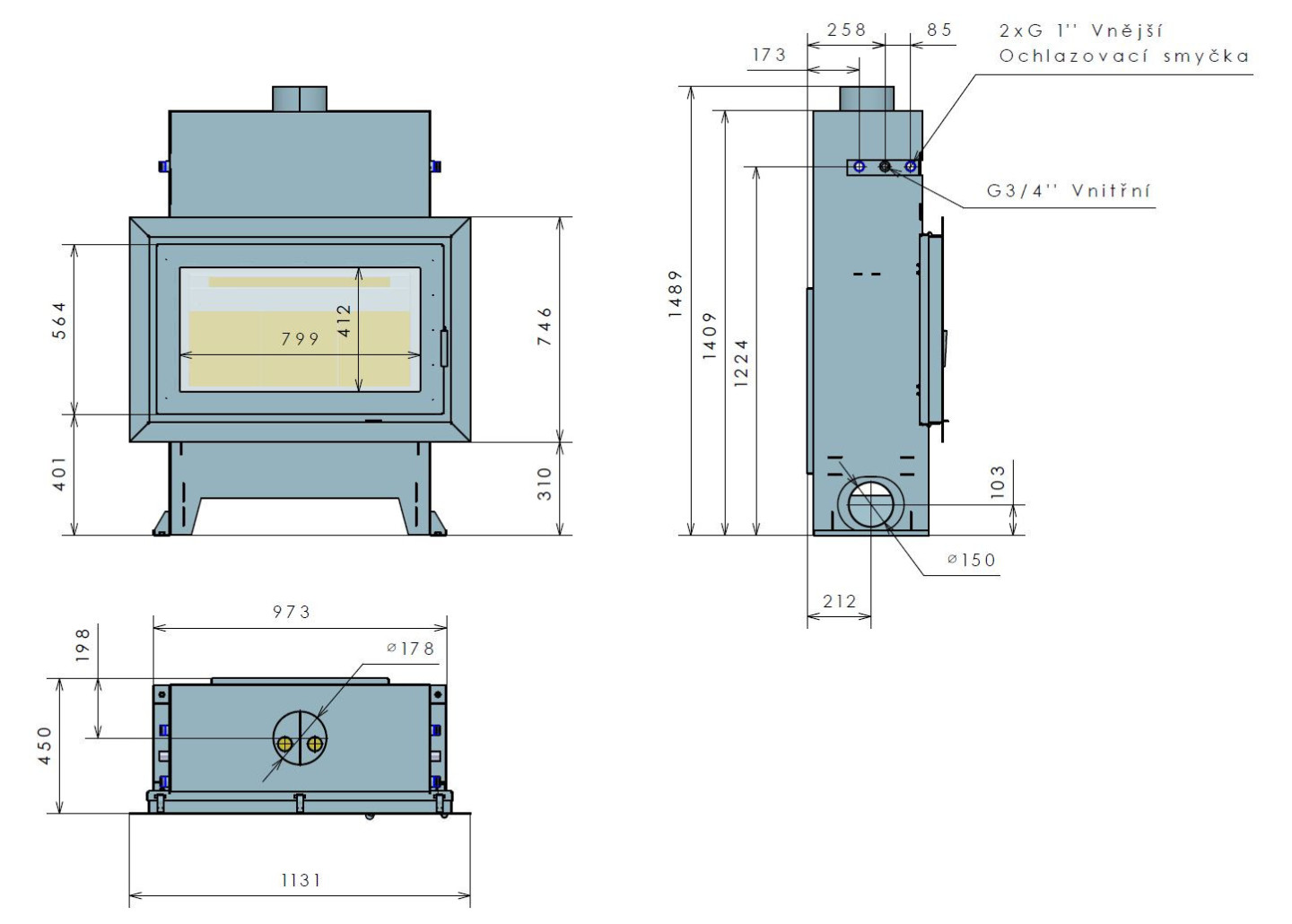 KRETZ B 103 V15 krbová vložka 16kW, s výměníkem, černá 1200 Technický nákres