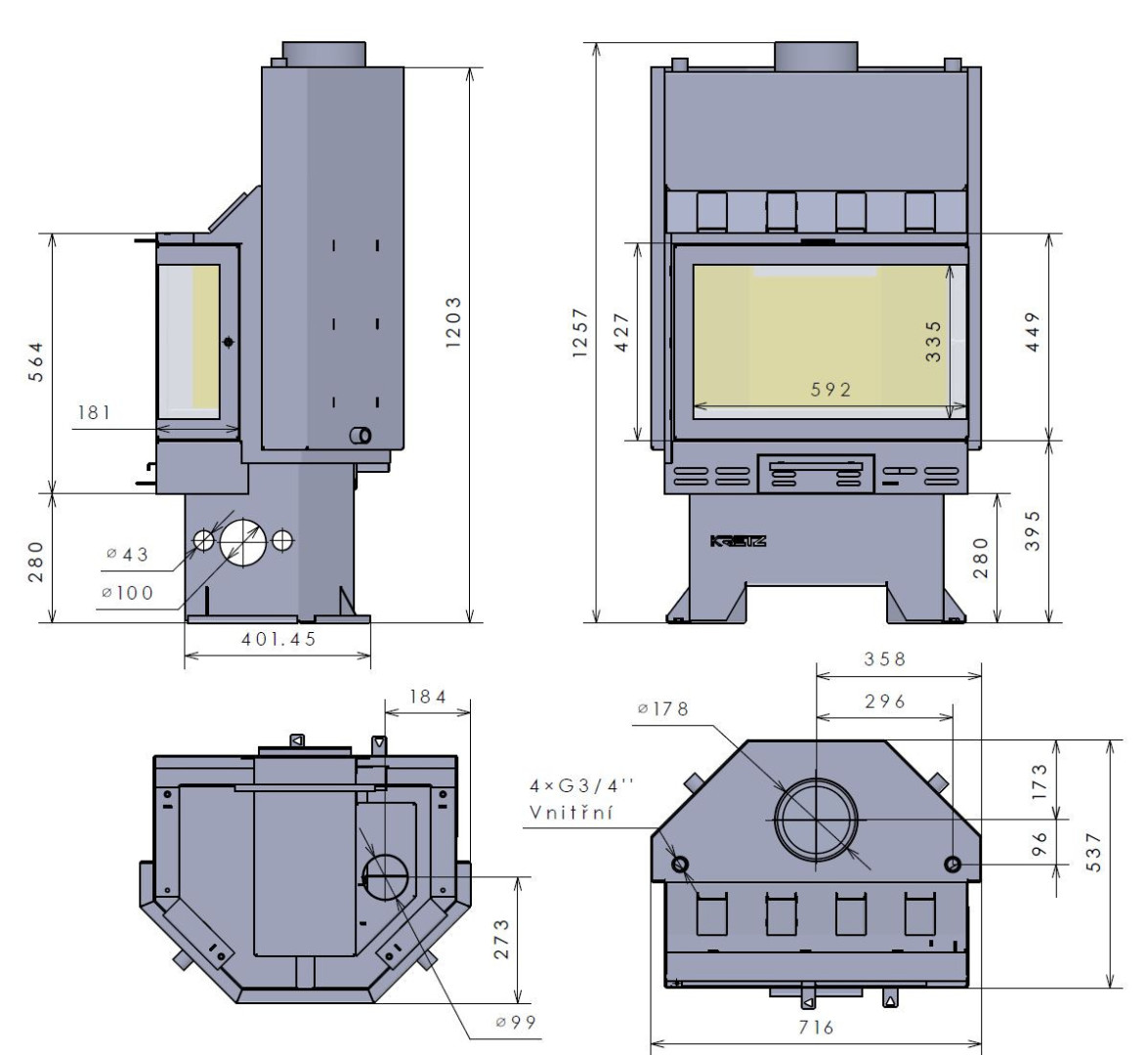 KRETZ A 1107 V krbová vložka 27kW, s výměníkem, rohová, pravá, černá 1189 Technický nákres