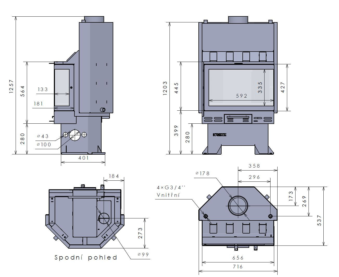 KRETZ A 1307 V krbová vložka 27kW, s výměníkem, rohová, pravá černá 1190 Technický nákres
