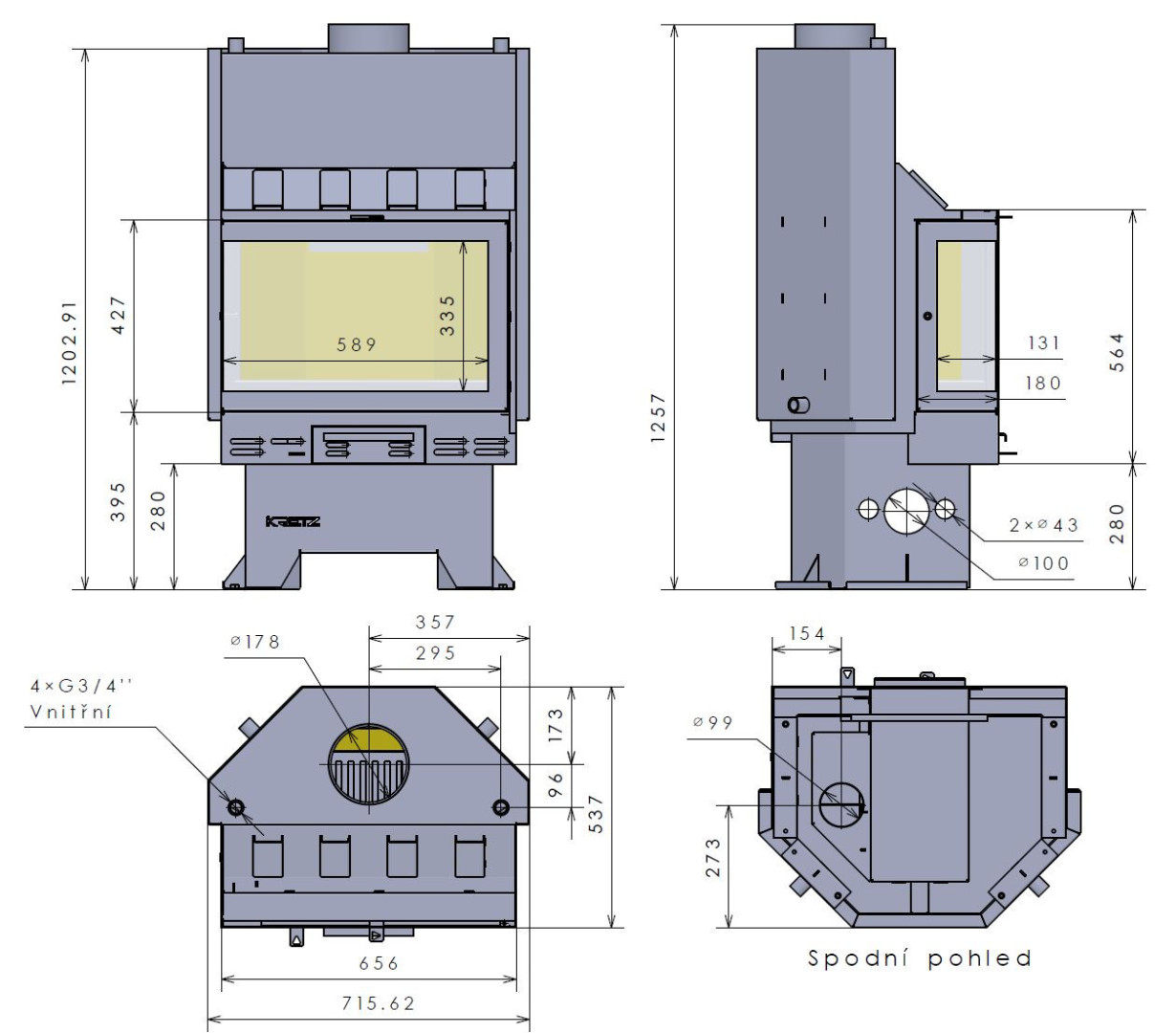 KRETZ A 1108 V krbová vložka 27kW, s výměníkem, rohová, levá, černá 1191 Technický nákres