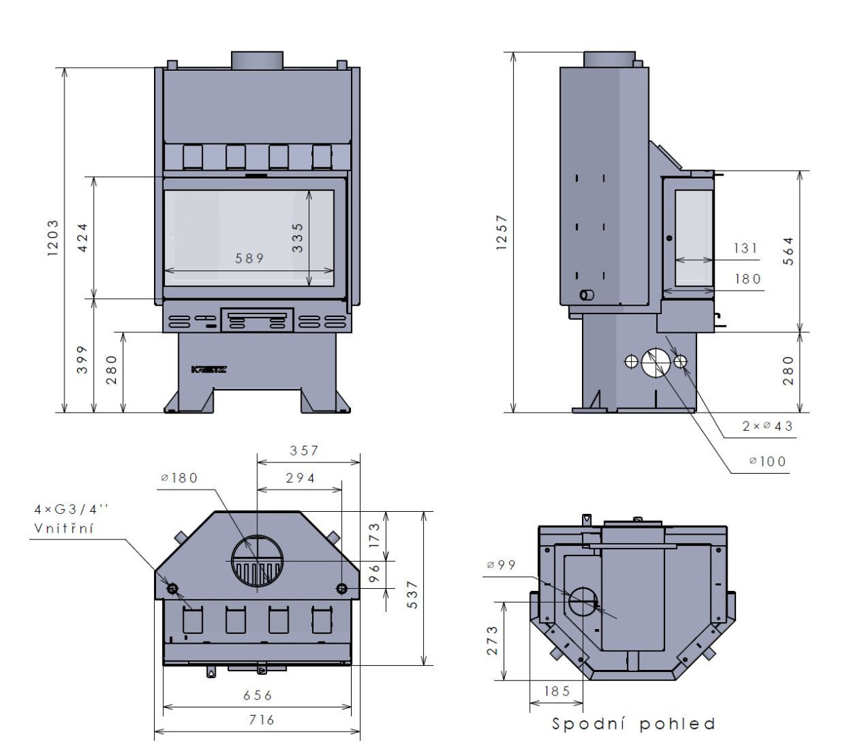 KRETZ A 1308 V krbová vložka 27kW, s výměníkem, rohová, levá, černá 1192 Technický nákres
