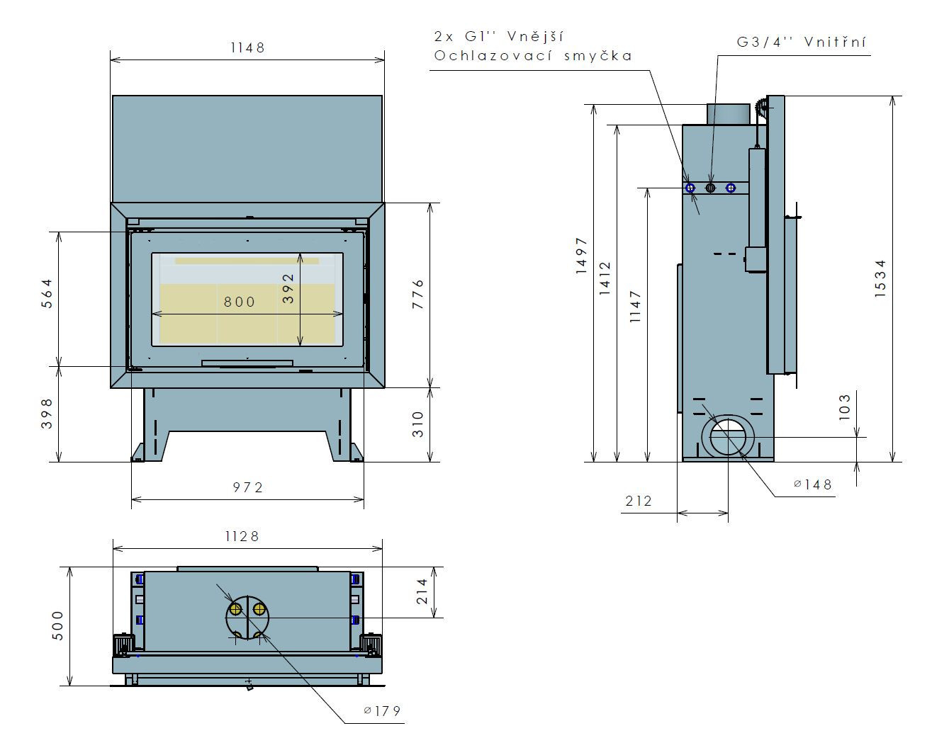KRETZ B 104 V10 krbová vložka 10kW, s výměníkem, černá 1208 Technický nákres